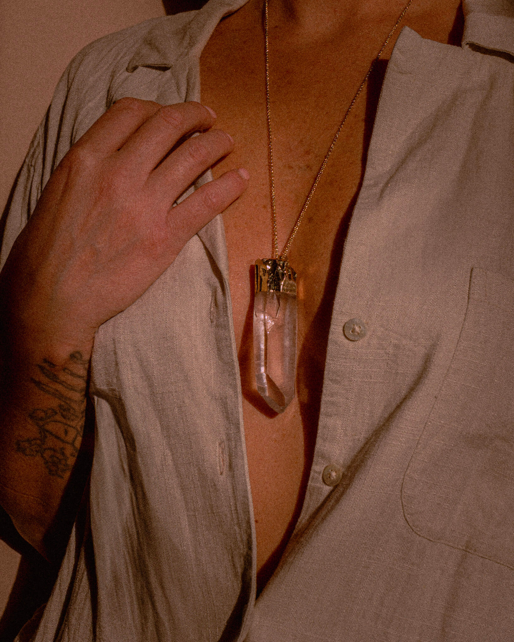 Clear Quartz Unpolished Crystal Pendant Necklace Gold Large