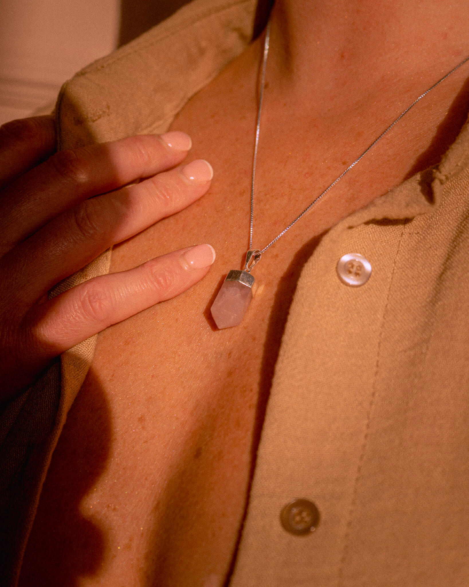 Polished Rose Quartz Crystal Pendant Necklace Silver Small