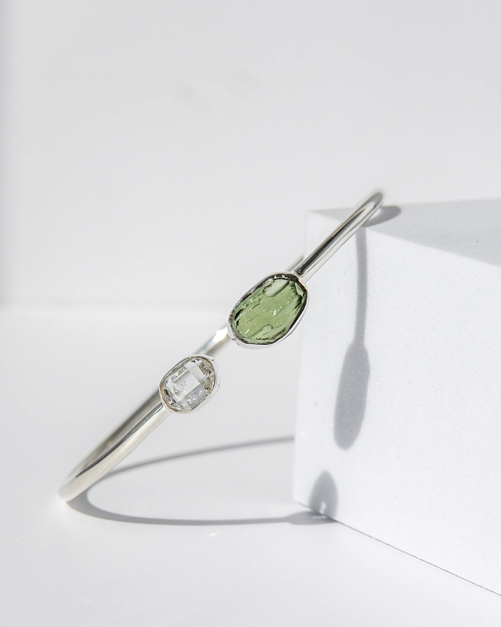 Moldavite & Herkimer Diamond Raw Bangle 925 Sterling Silver Bracelet Healing Crystal