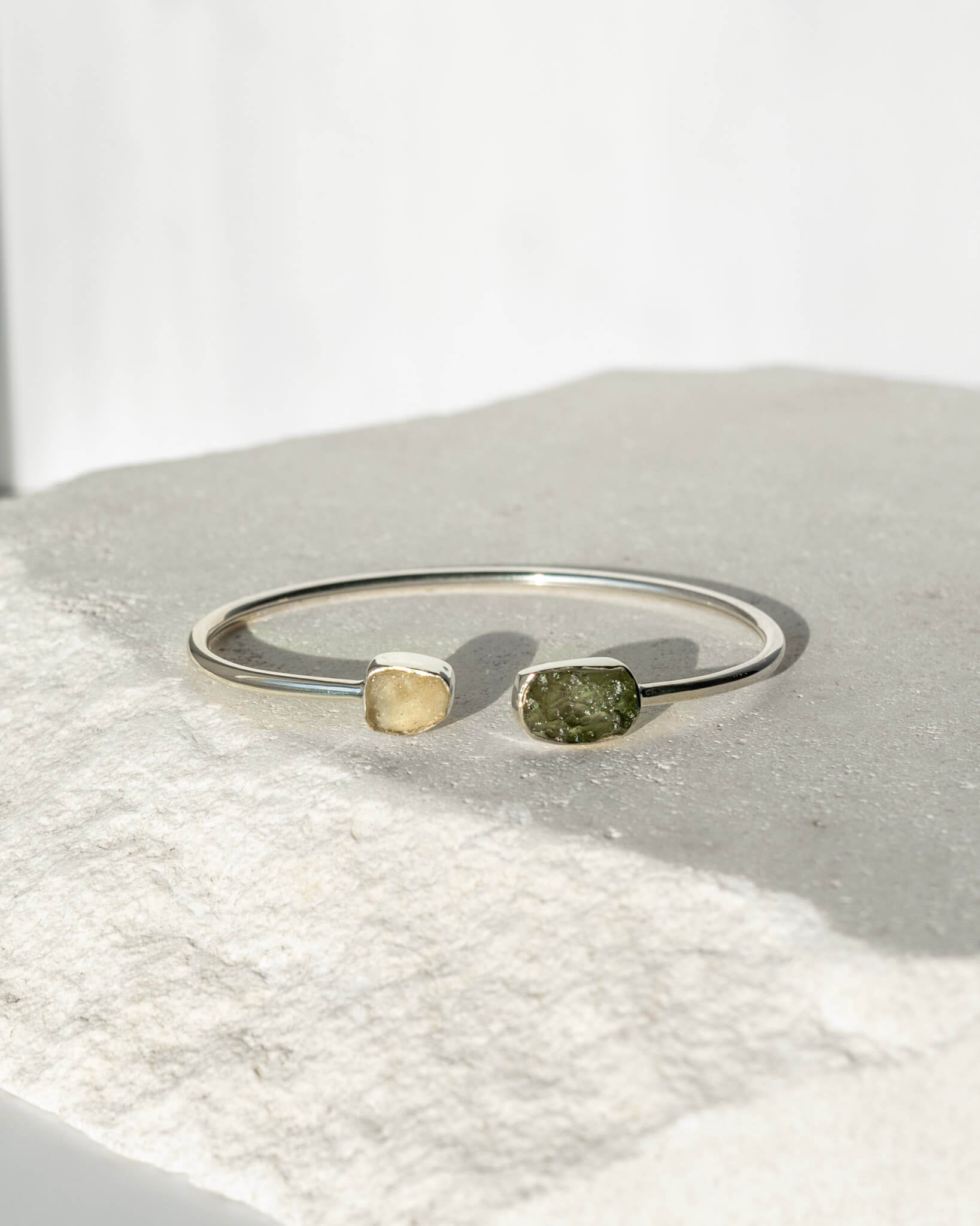 Moldavite & Libiyan Desert Glass Raw Bangle 925 Sterling Silver Bracelet