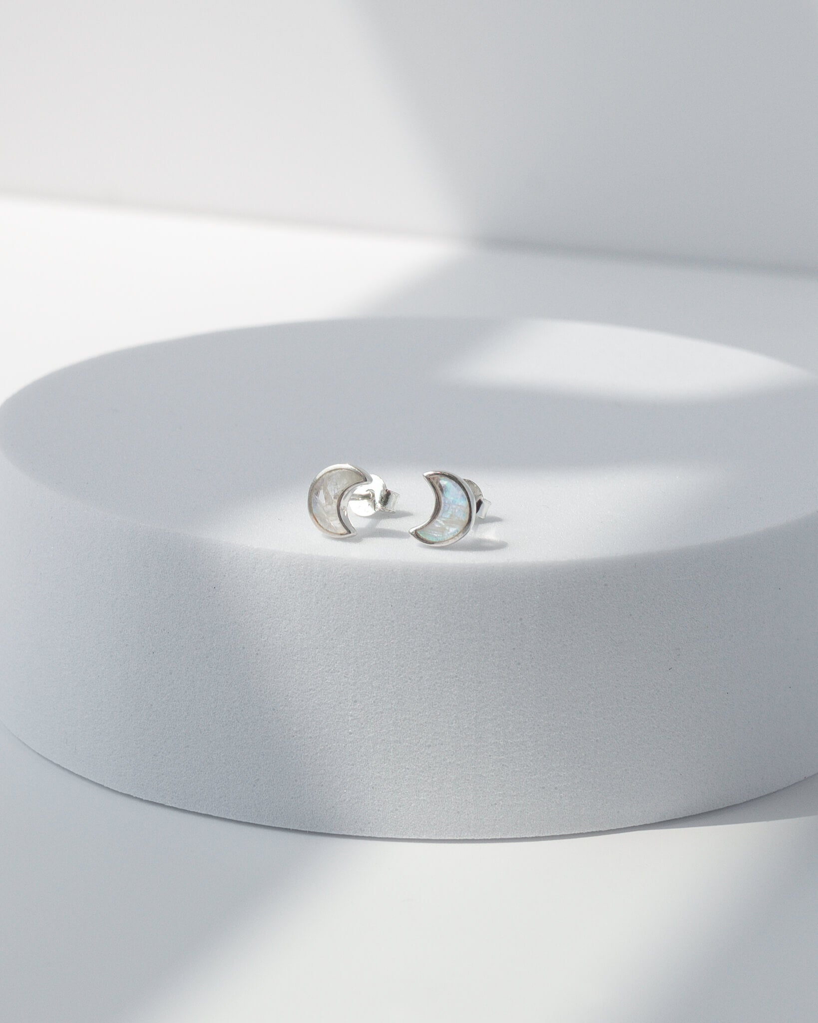 Rainbow Moonstone Moon shaped Earrings 925 Sterling Silver Healing Crystal