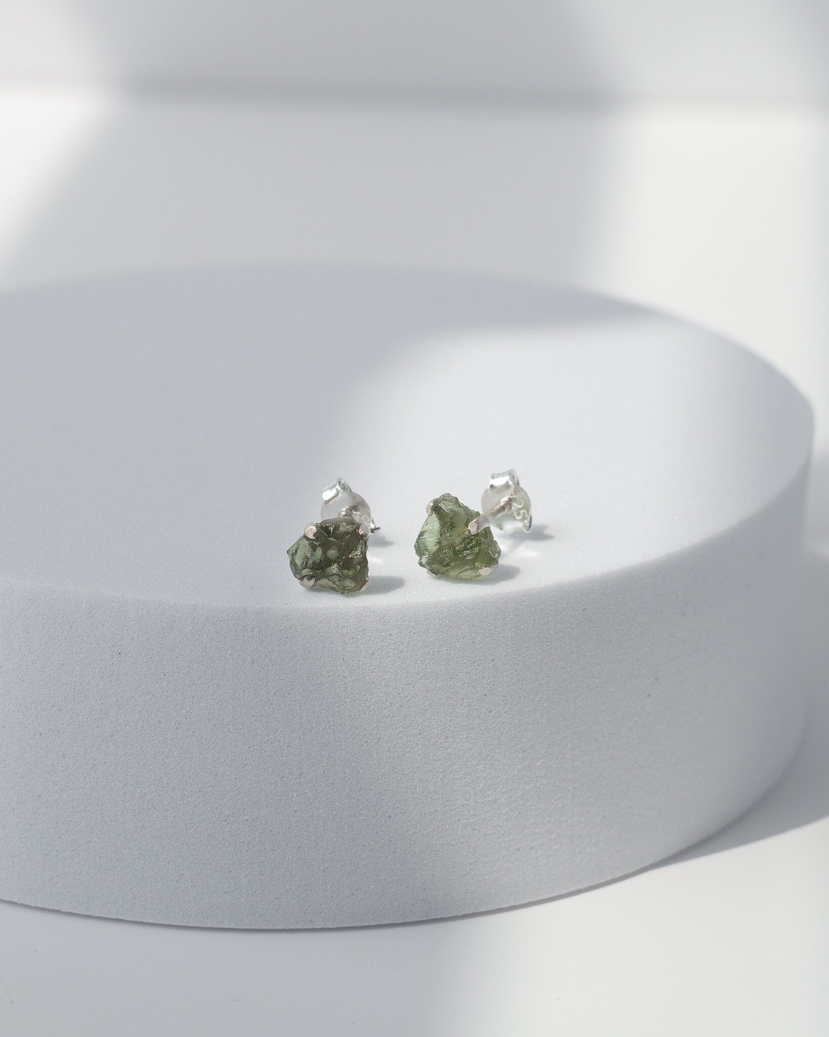 Moldavite Raw Stud Earrings 925 Sterling Silver Healing Crystal
