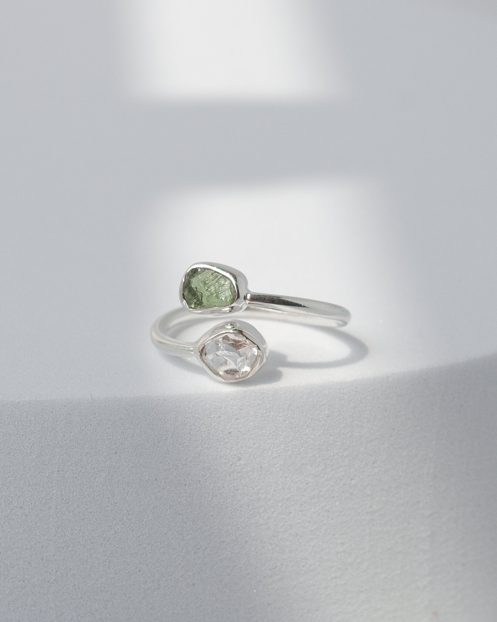 Moldavite & Herkimer Diamond Raw 925 Sterling Silver Ring Healing Crystal