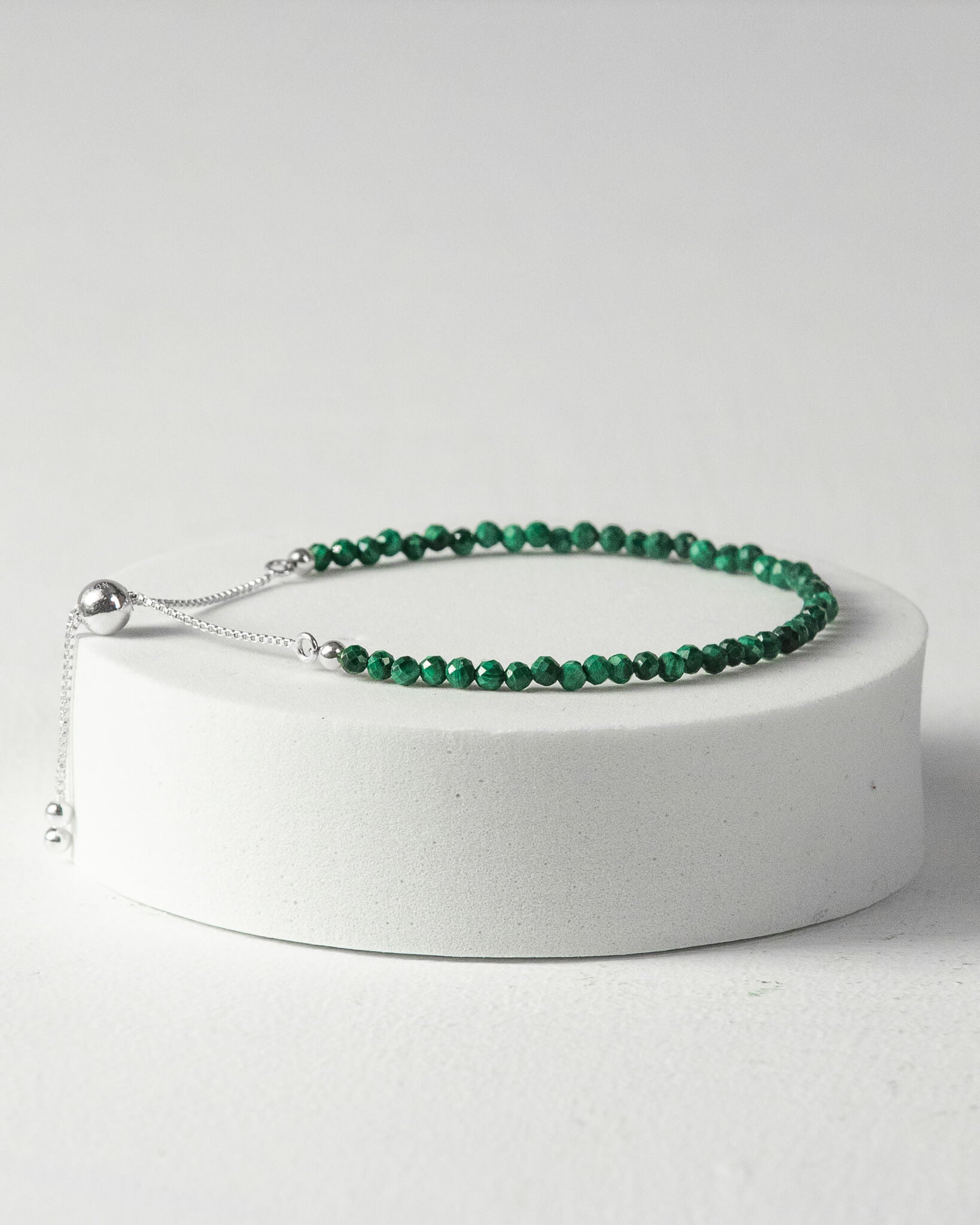 Malachite 3mm Faceted Bead Bracelet 925 Sterling Silver Healing Crystal