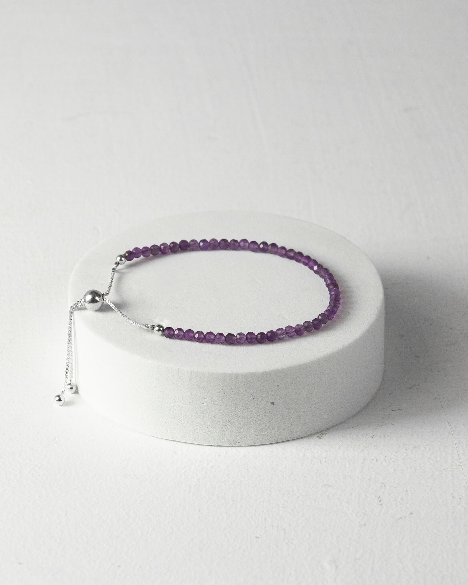 Amethyst 3mm Faceted Bead Bracelet 925 Sterling Silver Healing Crystal