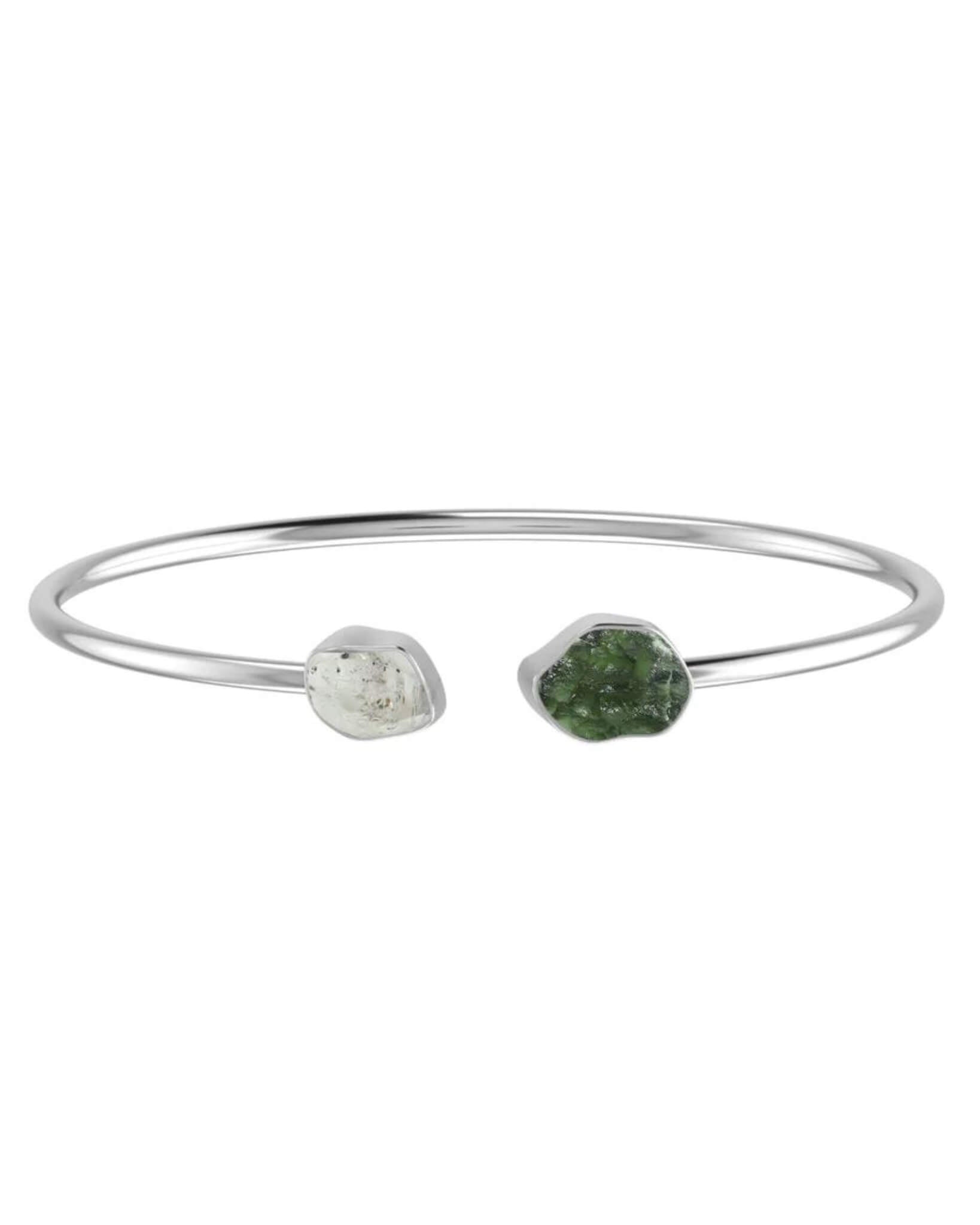 Moldavite & Herkimer Diamond Raw Bangle 925 Sterling Silver Bracelet Healing Crystal