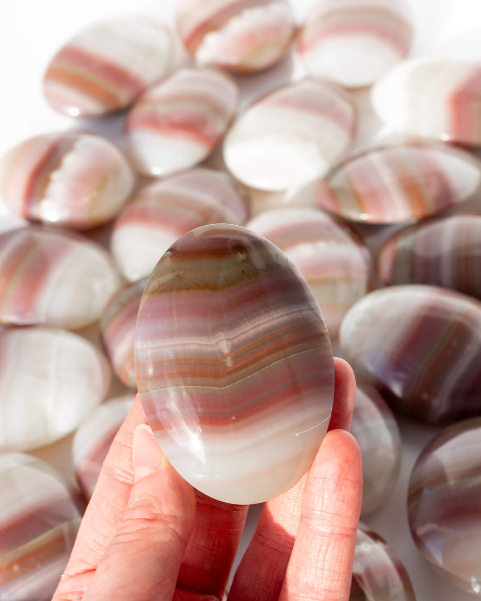 Pink Banded Calcite Palm Stone Healing Crystal