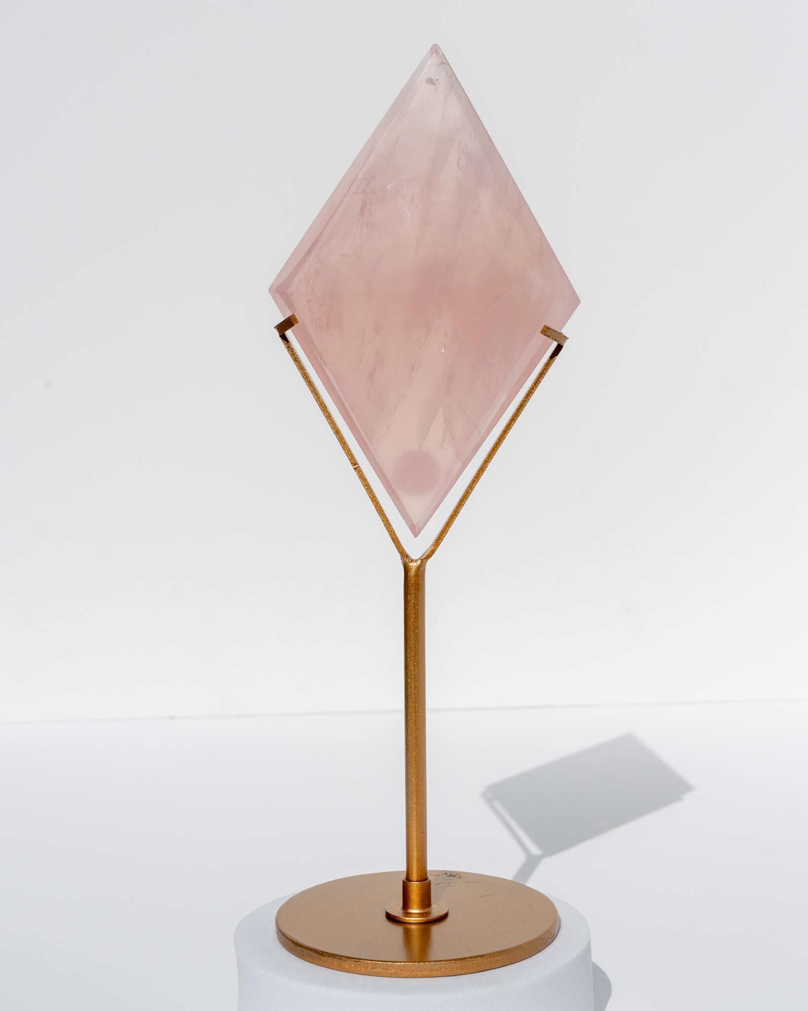 Rose Quartz Diamond on Gold Stand Healing Crystal