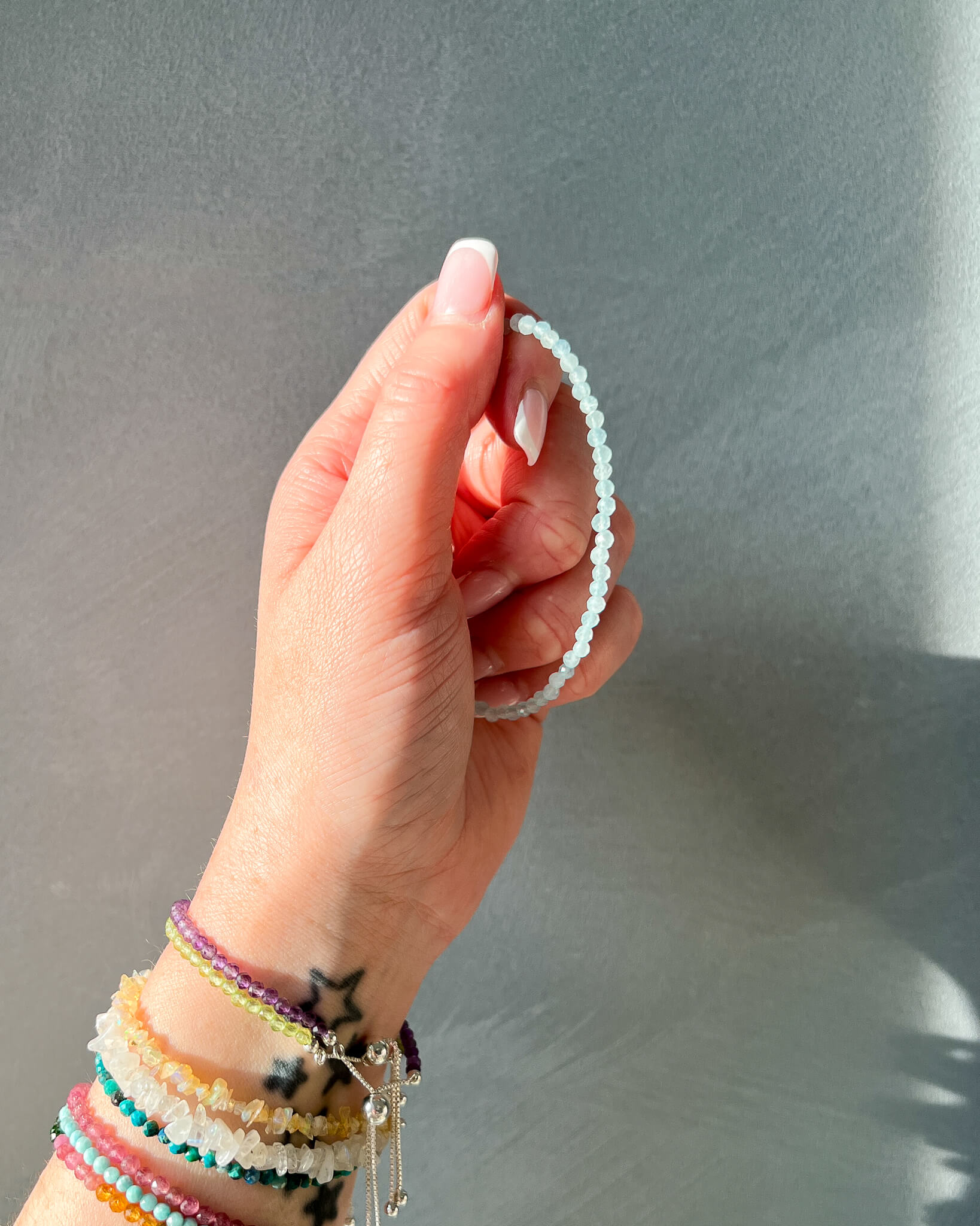 Aquamarine 3mm Faceted Bead Bracelet 925 Sterling Silver Healing Crystal