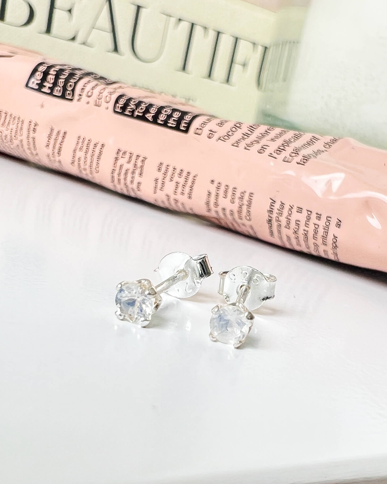 Rainbow Moonstone Faceted Stud Earrings 925 Sterling Silver Healing Crystal