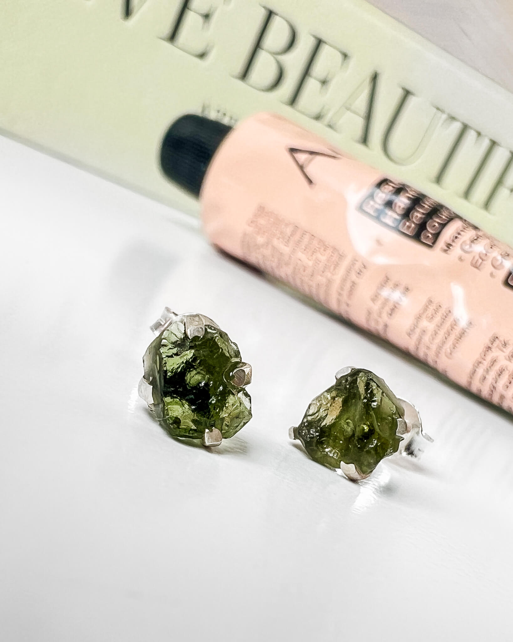 Moldavite Raw Stud Earrings 925 Sterling Silver Healing Crystal