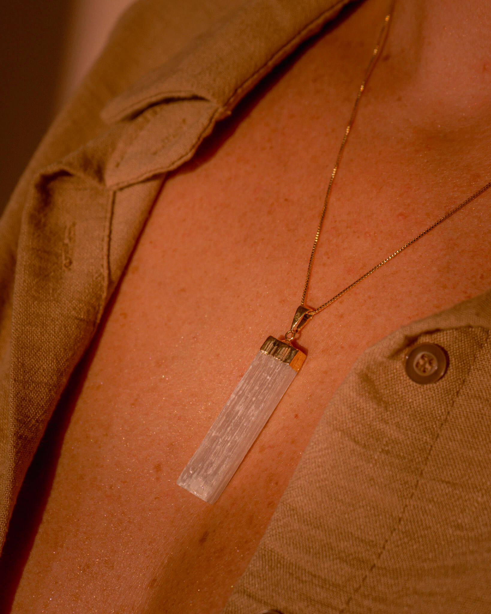 Selenite Crystal Pendant Necklace Gold