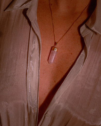 Rose Quartz Polished Crystal Pendant Necklace Gold Medium