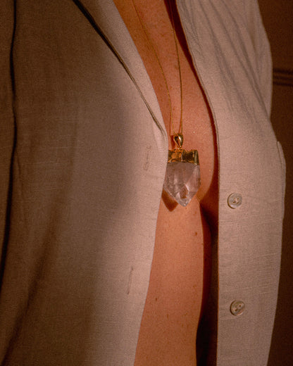 Clear Quartz Unpolished Crystal Pendant Necklace Gold Medium