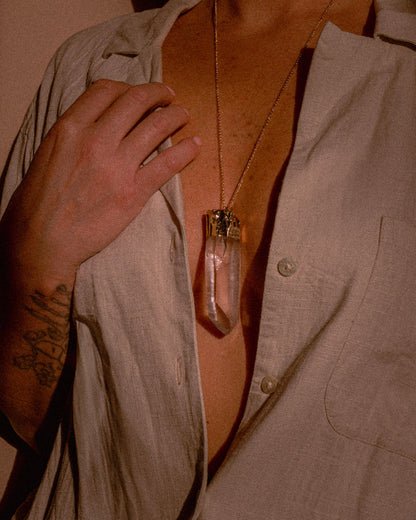 Clear Quartz Unpolished Crystal Pendant Necklace Gold Large