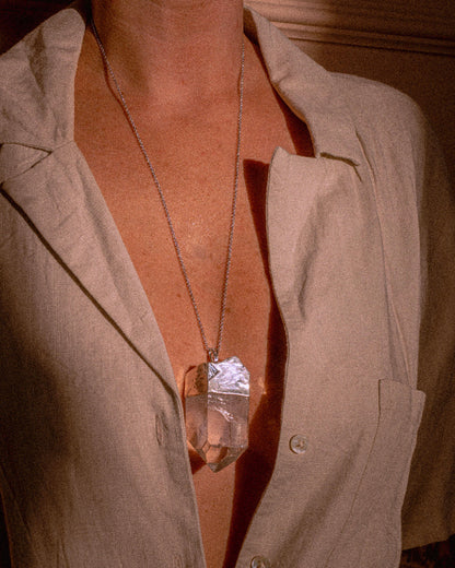 Clear Quartz Unpolished Crystal Pendant Necklace Silver Large