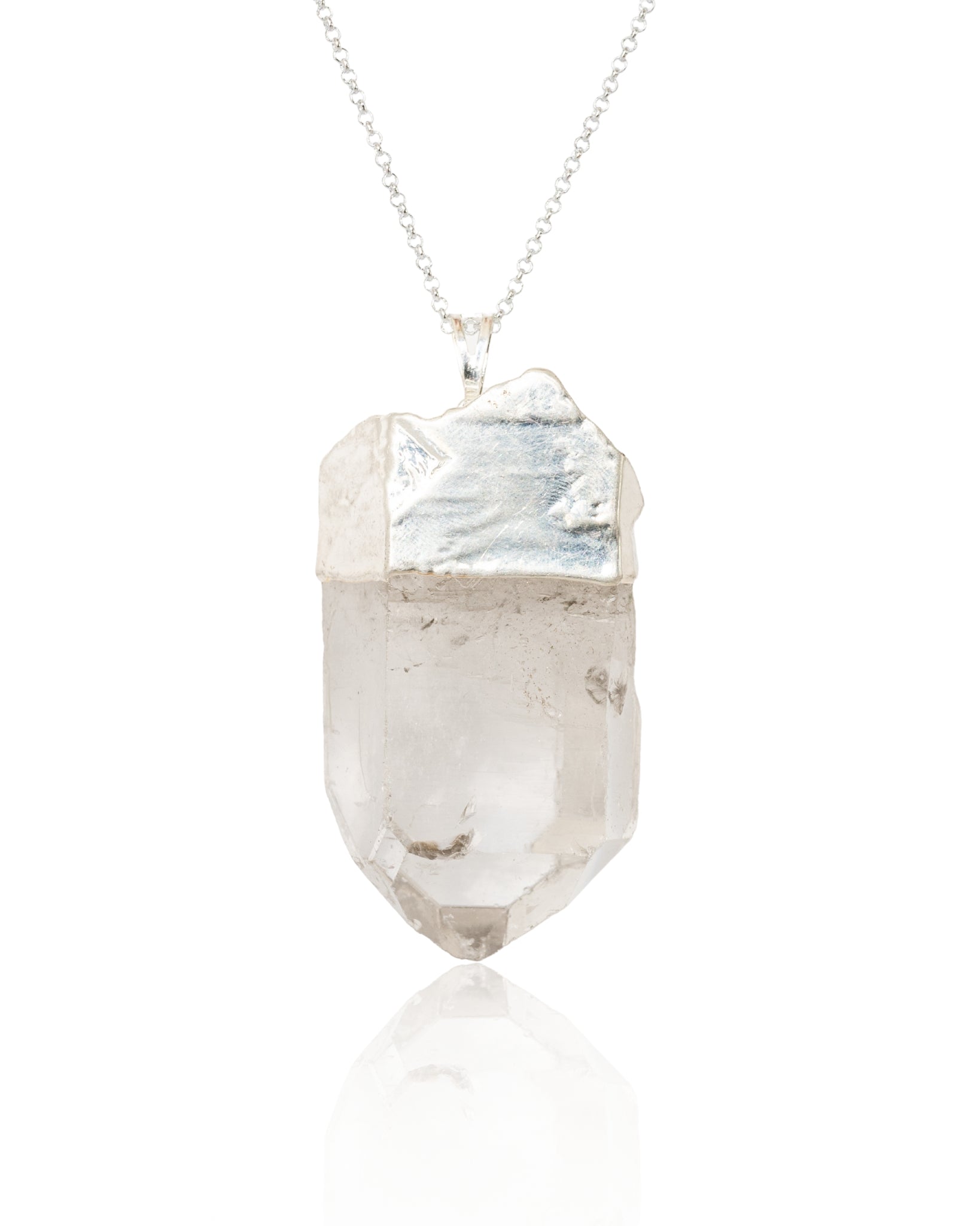 Clear Quartz Unpolished Crystal Pendant Necklace Silver Large