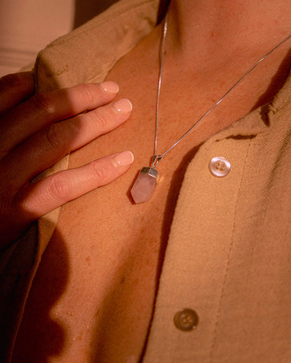 Polished Rose Quartz Crystal Pendant Necklace Silver Small
