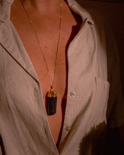 Black Tourmaline Crystal Pendant Necklace Gold Large