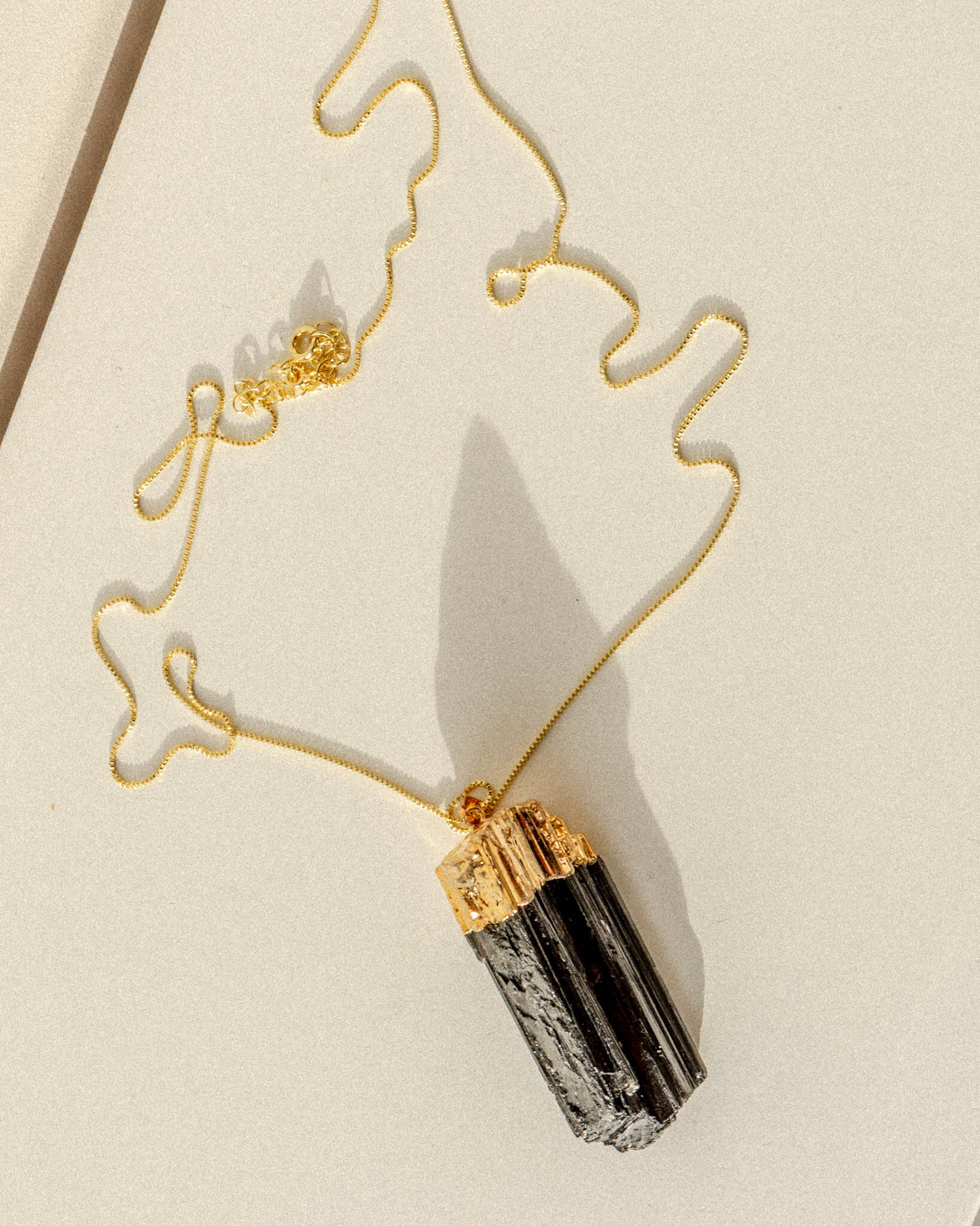 Black Tourmaline Crystal Pendant Necklace Gold Large