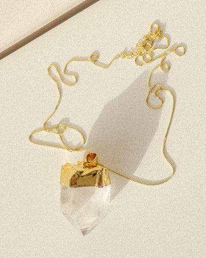 Clear Quartz Unpolished Crystal Pendant Necklace Gold Medium