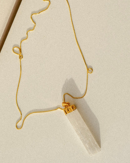 Selenite Crystal Pendant Necklace Gold