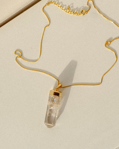 Clear Quartz Polished Crystal Pendant Necklace Gold Medium