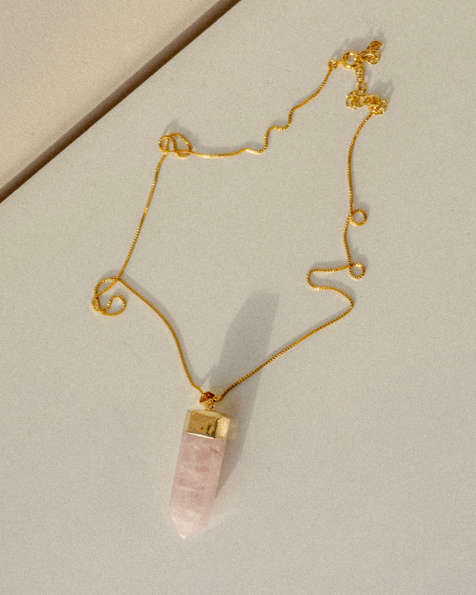 Rose Quartz Polished Crystal Pendant Necklace Gold Medium