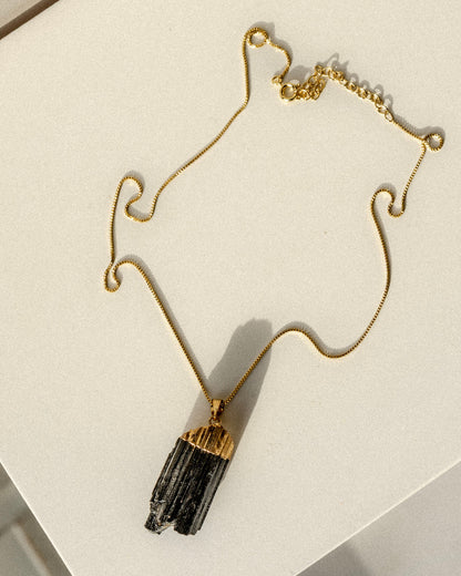 Black Tourmaline Crystal Pendant Necklace Gold