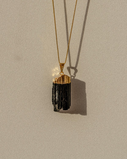 Black Tourmaline Crystal Pendant Necklace Gold