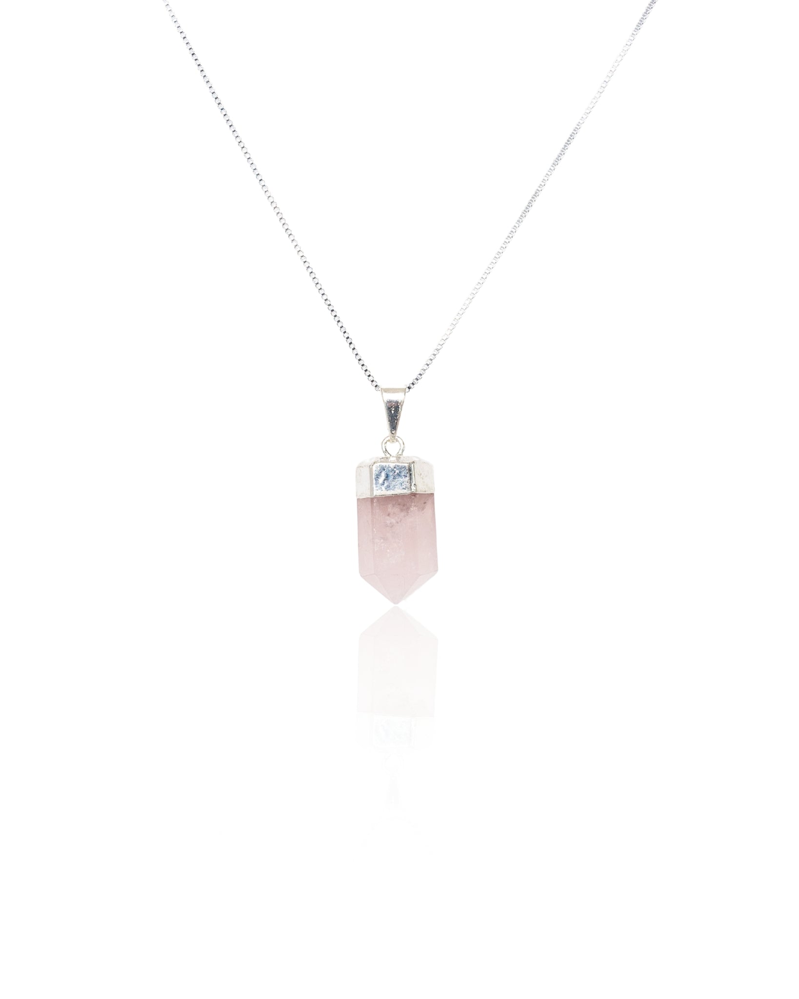 Polished Rose Quartz Crystal Pendant Necklace Silver Small