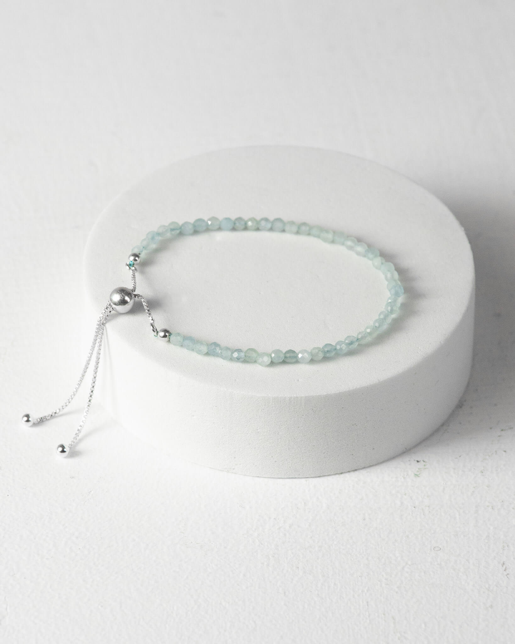 Aquamarine 3mm Faceted Bead Bracelet 925 Sterling Silver Healing Crystal