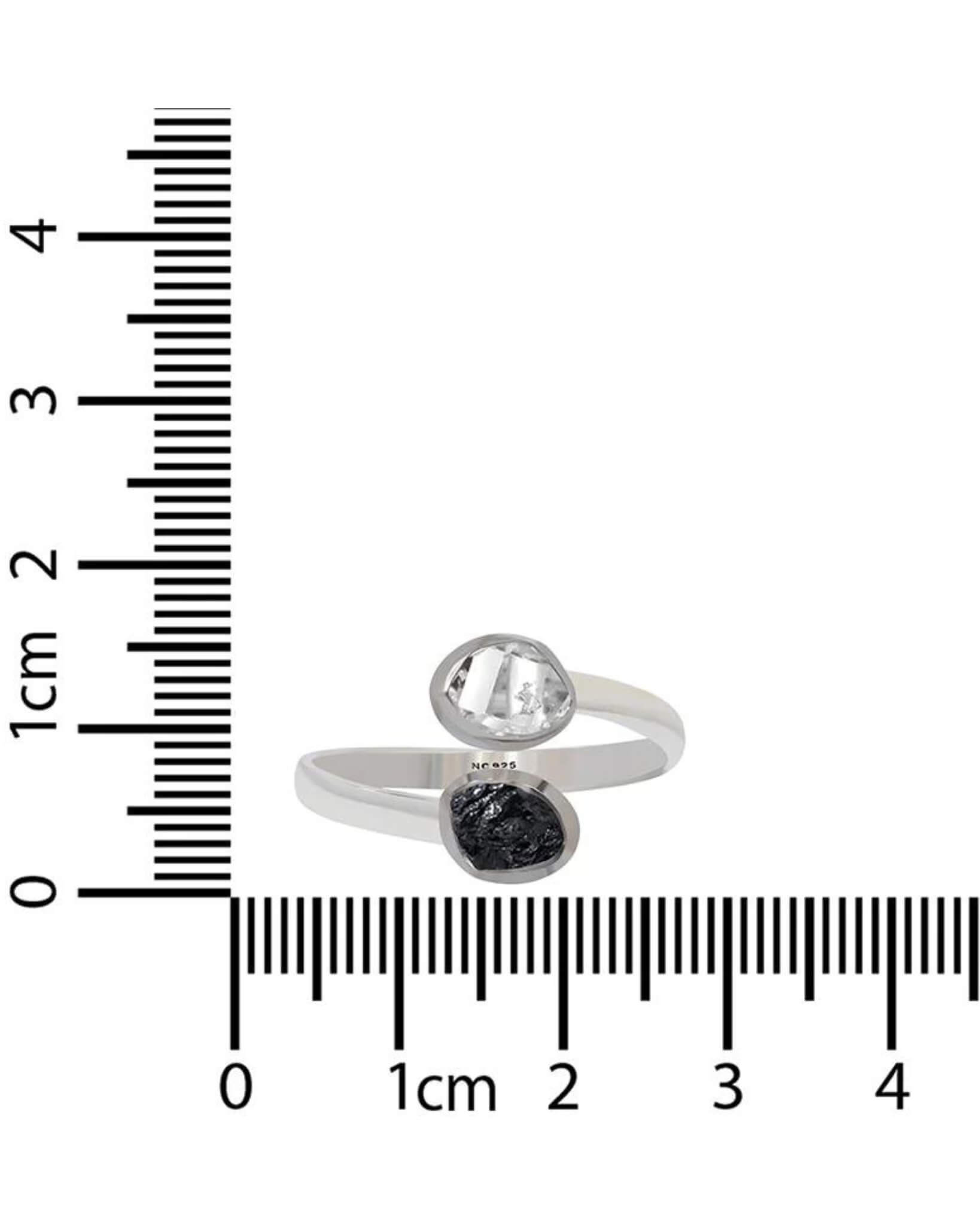 Black Tourmaline & Herkimer Diamond Raw 925 Sterling Silver Ring Healing Crystal