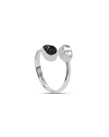Black Tourmaline & Herkimer Diamond Raw 925 Sterling Silver Ring Healing Crystal