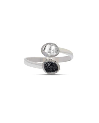 Black Tourmaline & Herkimer Diamond Raw 925 Sterling Silver Ring Healing Crystal