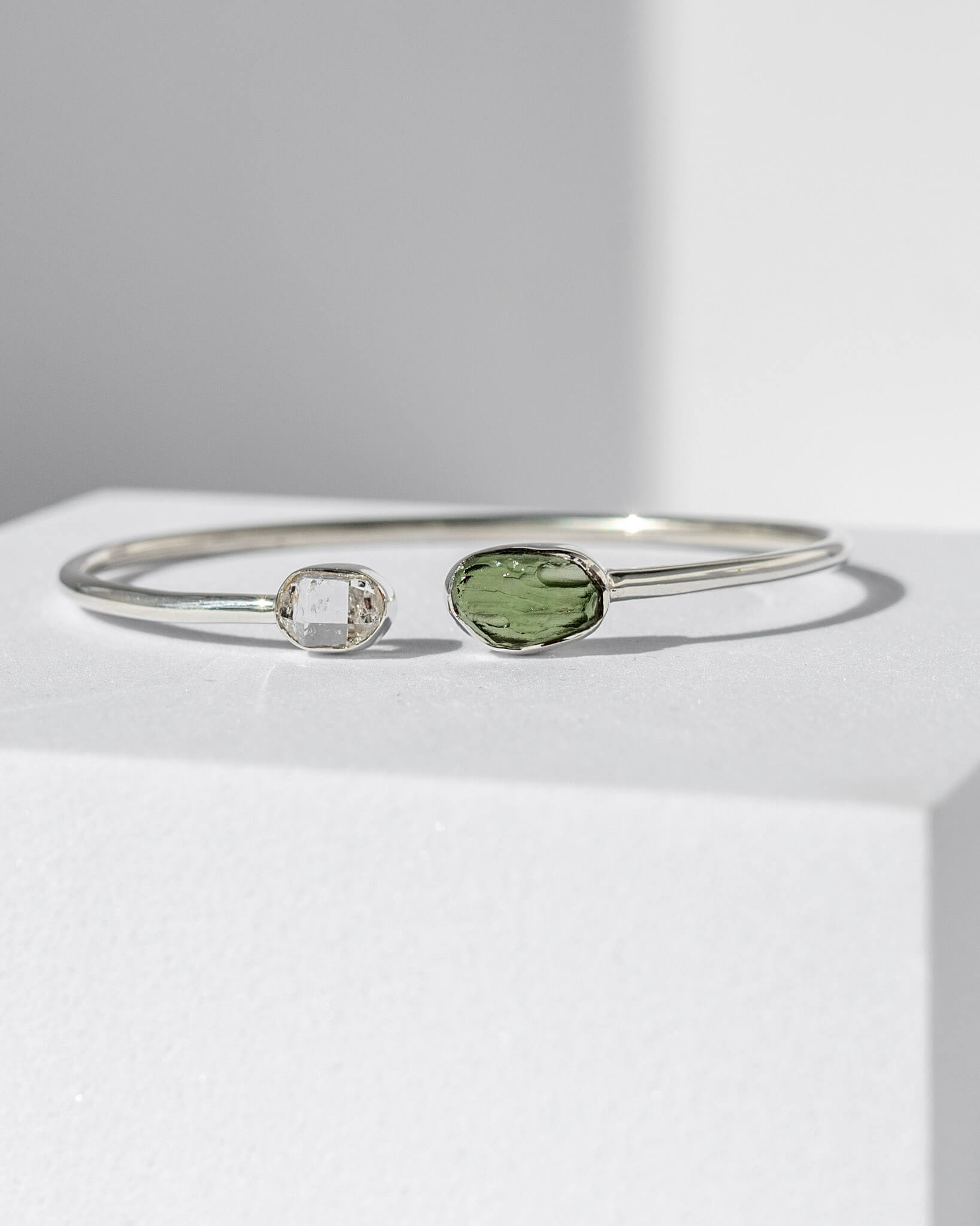 Moldavite & Herkimer Diamond Raw Bangle 925 Sterling Silver Bracelet Healing Crystal