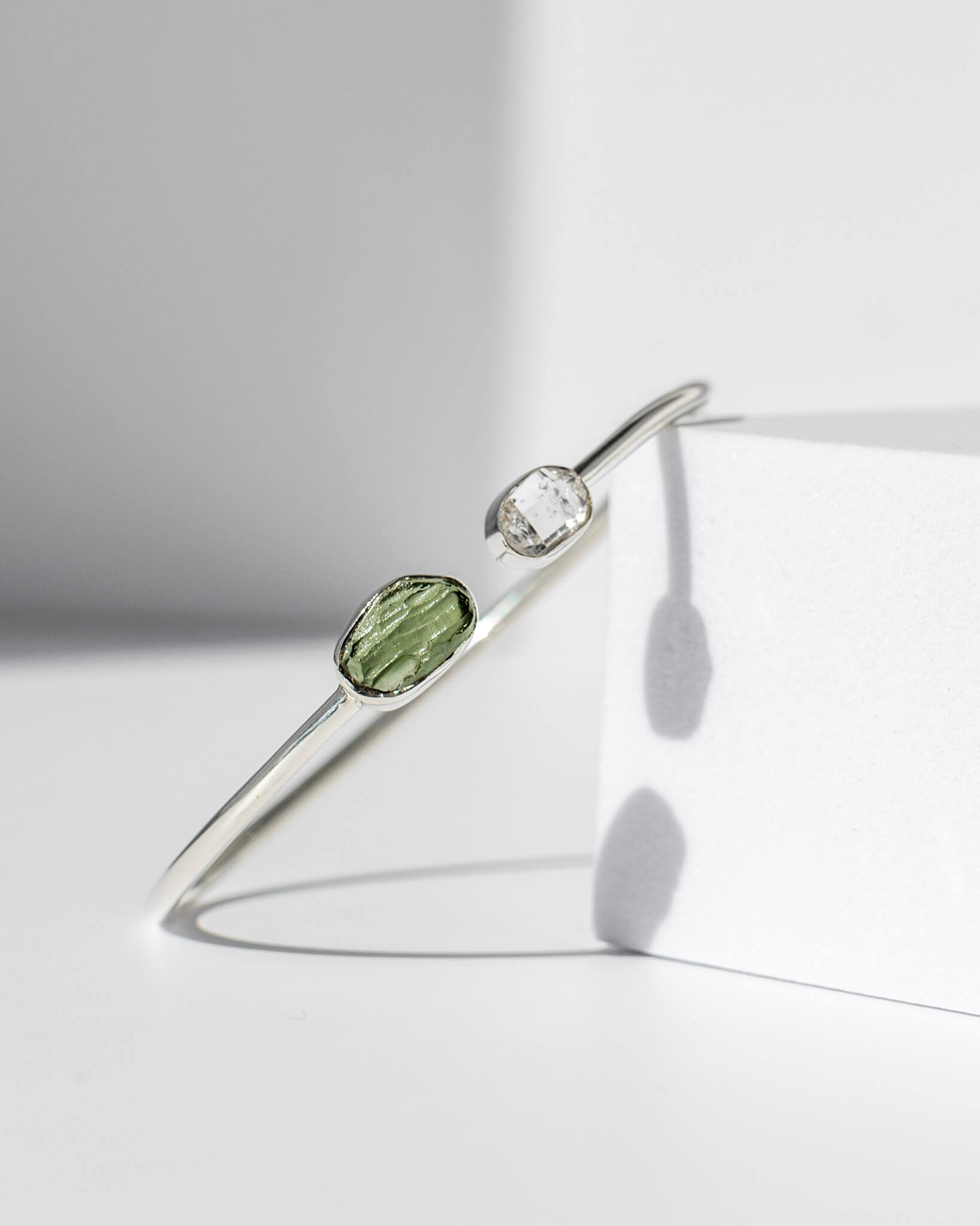 Moldavite & Herkimer Diamond Raw Bangle 925 Sterling Silver Bracelet Healing Crystal