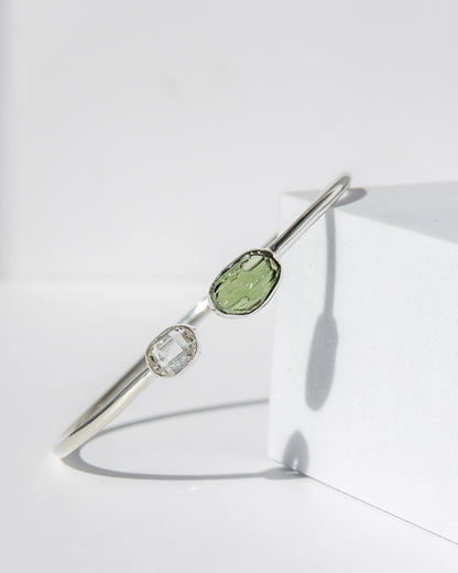 Moldavite & Herkimer Diamond Raw Bangle 925 Sterling Silver Bracelet Healing Crystal