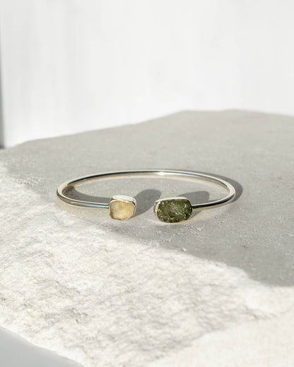 Moldavite & Libiyan Desert Glass Raw Bangle 925 Sterling Silver Bracelet