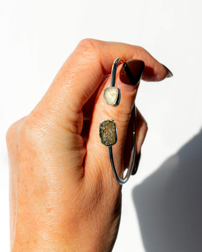 Moldavite & Libiyan Desert Glass Raw Bangle 925 Sterling Silver Bracelet