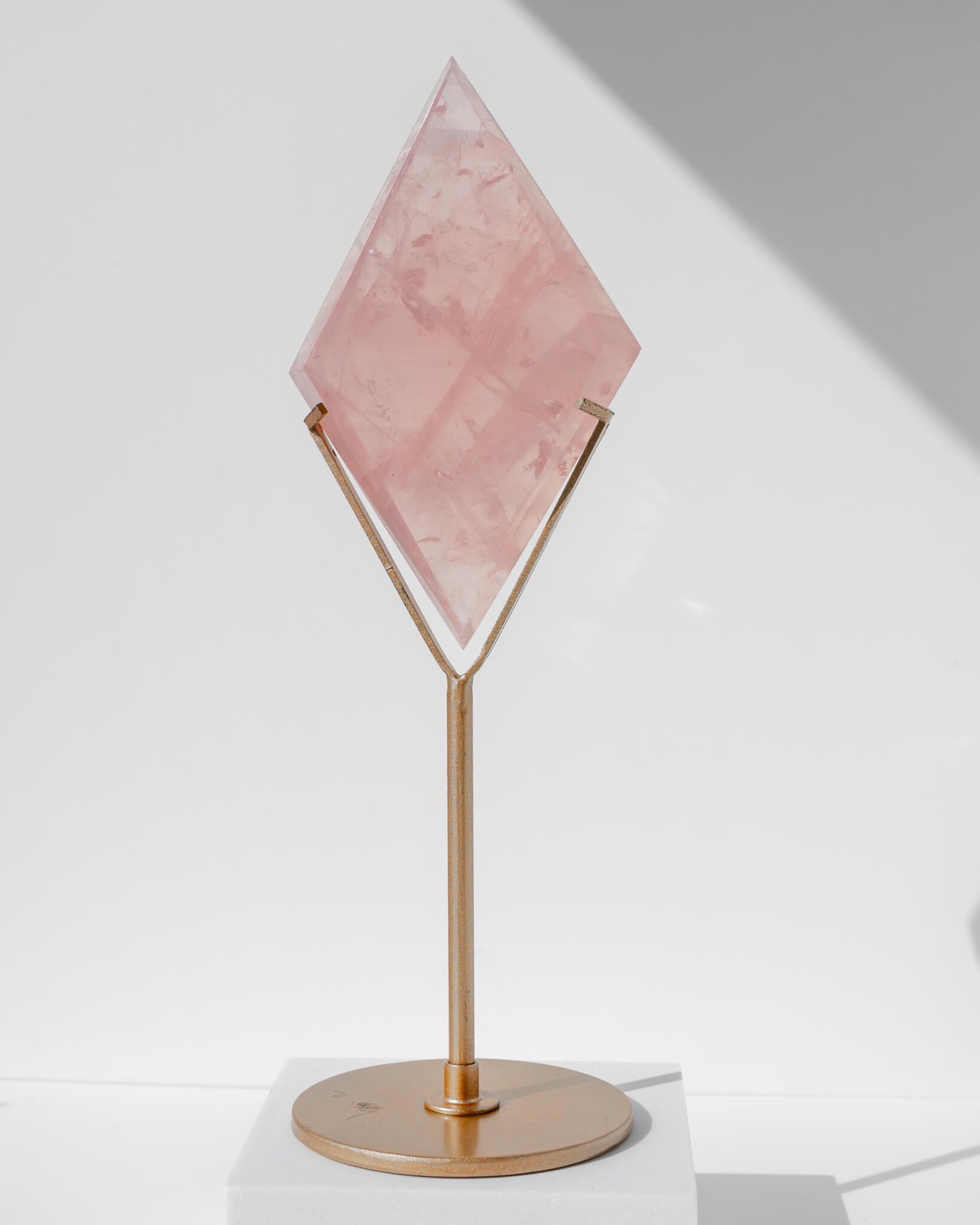 Rose Quartz Diamond on Gold Stand - 124
