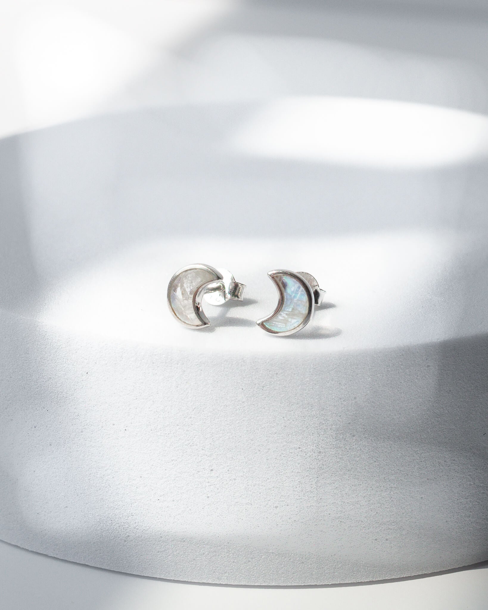 Rainbow Moonstone Moon shaped Earrings 925 Sterling Silver Healing Crystal