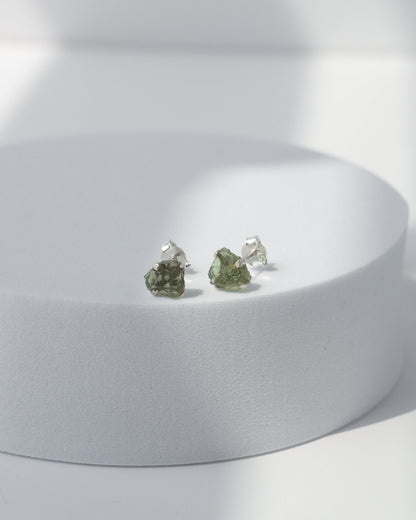 Moldavite Raw Stud Earrings 925 Sterling Silver Healing Crystal