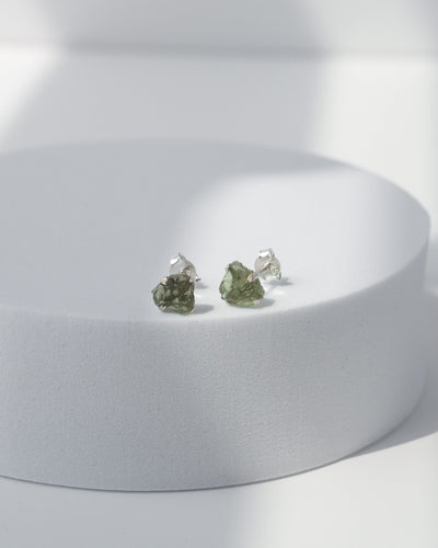 Moldavite Raw Stud Earrings 925 Sterling Silver