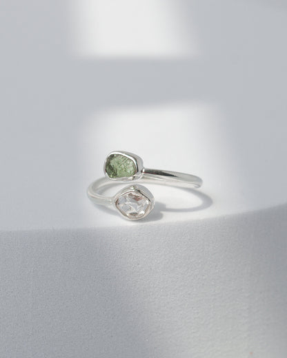 Moldavite & Herkimer Diamond Raw 925 Sterling Silver Ring Healing Crystal