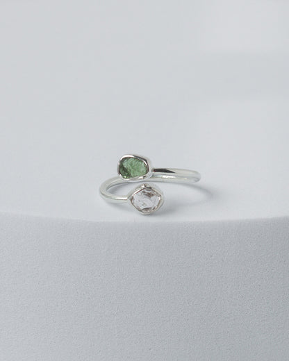 Moldavite & Herkimer Diamond Raw 925 Sterling Silver Ring Healing Crystal