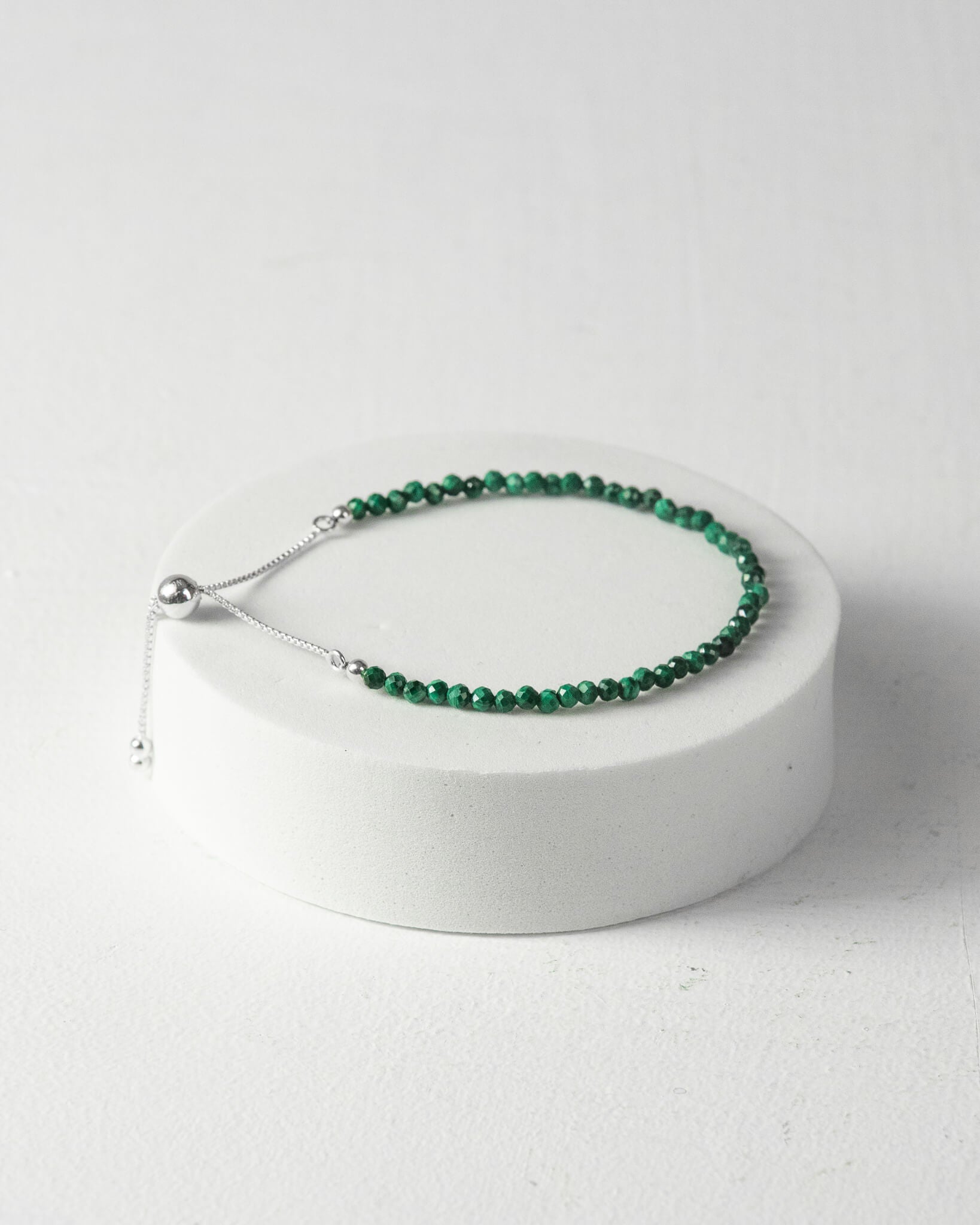 Malachite 3mm Faceted Bead Bracelet 925 Sterling Silver Healing Crystal