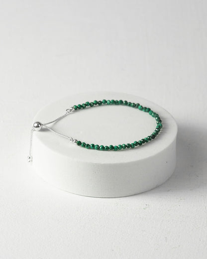 Malachite 3mm Faceted Bead Bracelet 925 Sterling Silver Healing Crystal