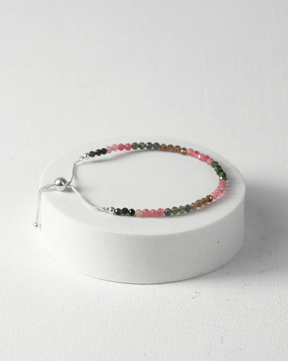 Watermelon Tourmaline Faceted Bead Bracelet 925 Sterling Silver Healing Crystal