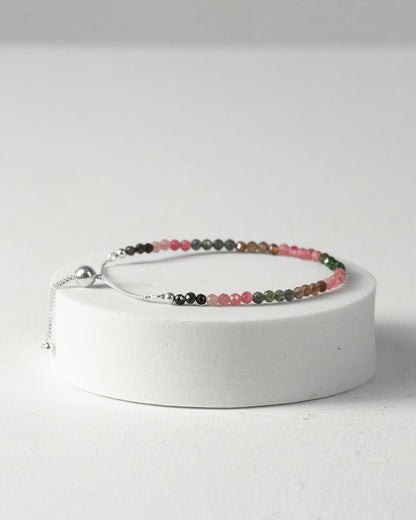 Watermelon Tourmaline Faceted Bead Bracelet 925 Sterling Silver Healing Crystal